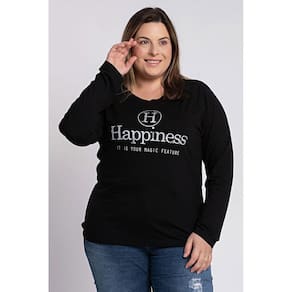 Blusa Femina Plus Size Visco Estampa Aplique Manga Raclan - Ki Beleza