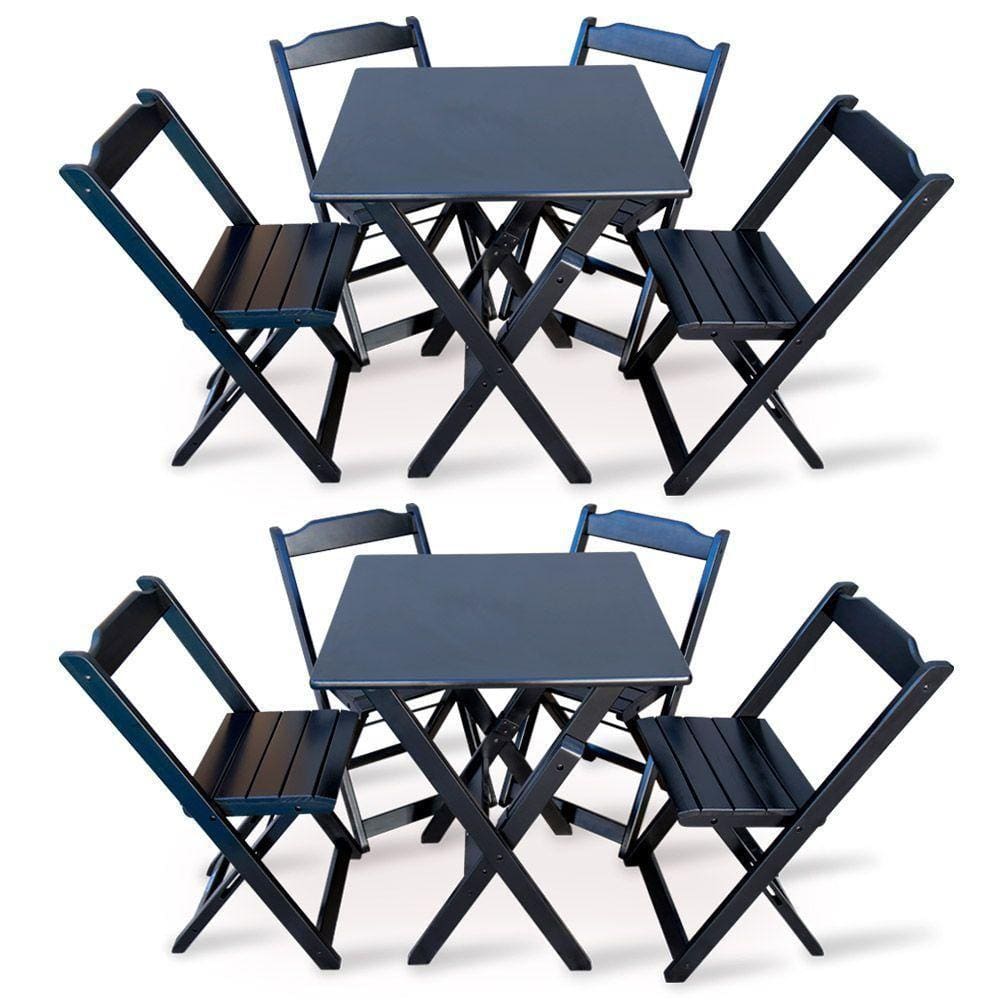 Kit 2 Conjuntos De Mesa Dobravel Com 4 Cadeiras Dobráveis De Madeira 70x70 Cm Preto