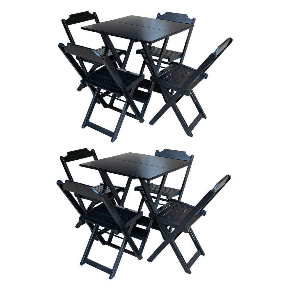 Kit 2 Conjuntos De Mesa Com 4 Cadeiras De Madeira Dobravel 70X70 Preto - Preto
