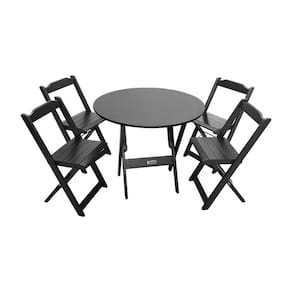 Mesa Dobrável De Madeira Redonda 90cm Com 4 Cadeiras Preta - Cor: Preto
