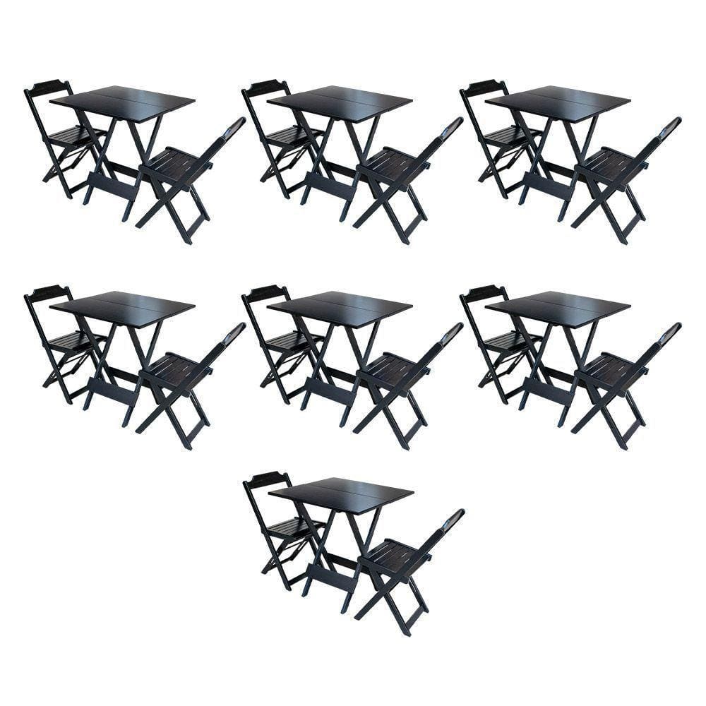 Kit 7 Conjuntos De Mesa Dobravel Com 2 Cadeiras De Madeira 70X70 Para Restaurante E Bar - Preto