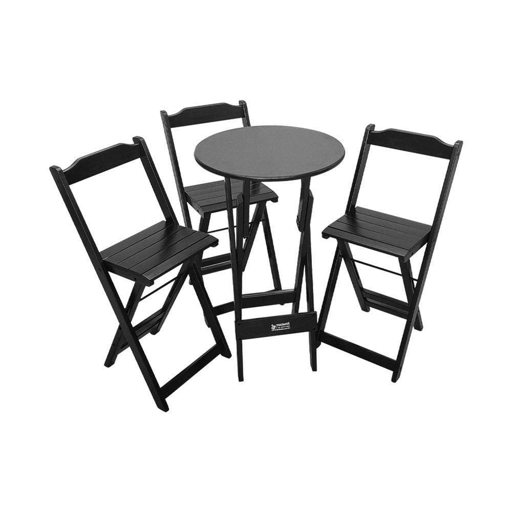 Mesa Bistrô Dobrável De Madeira Redonda Com 3 Banquetas Preta - Cor: Preto