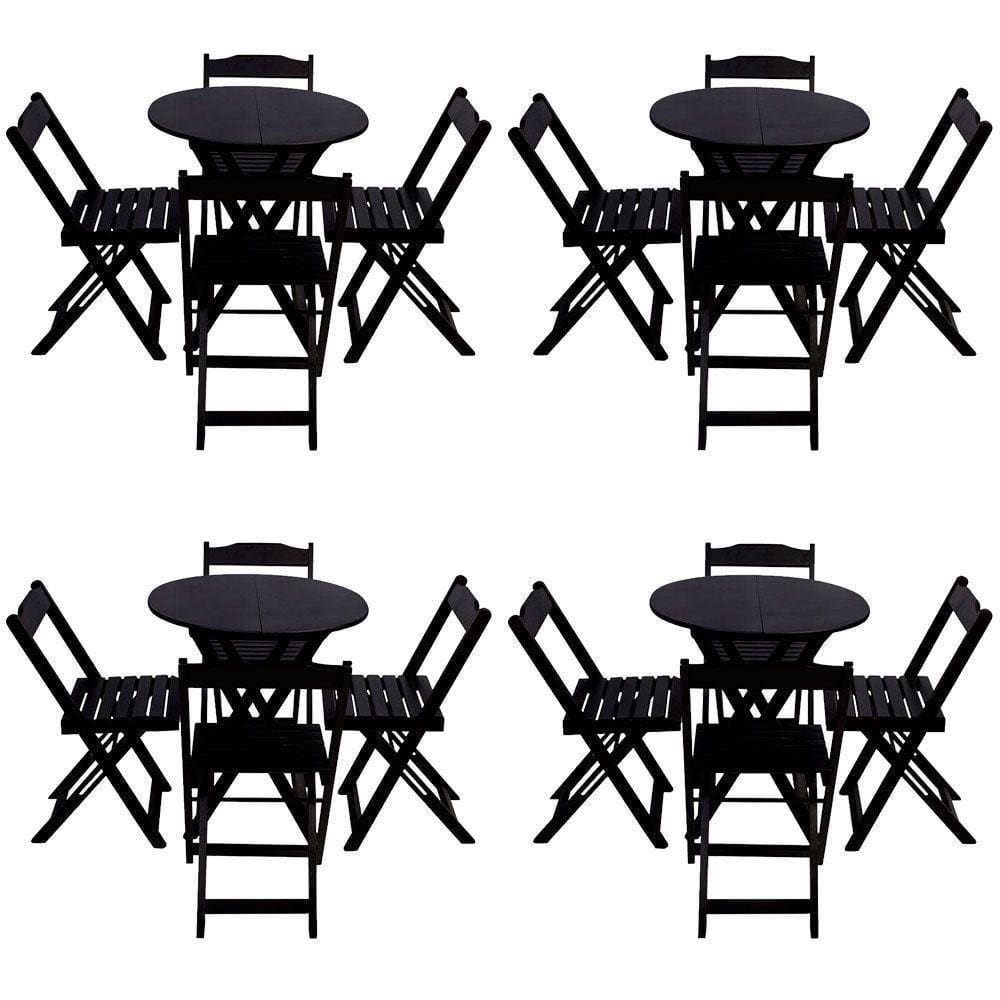 Kit 4 Jogos De Mesa Dobravel Com 4 Cadeiras Tampo Redondo 70X70 Preto - Preto