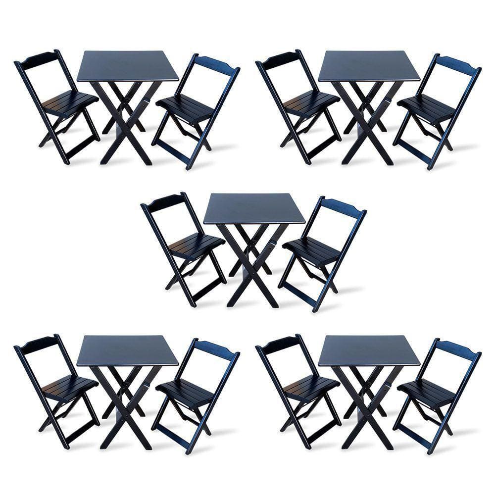 Kit De 5 Conjuntos De Mesa Dobrável 60x60 Com 2 Cadeiras Preto - Cor: Preto