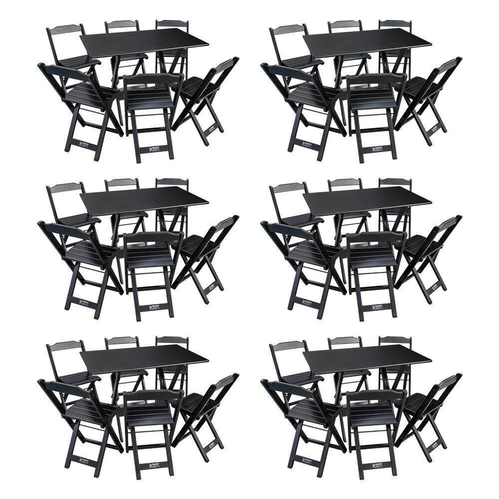 Kit 6 Conjuntos De Mesa Dobráveis De Madeira 70x110cm Com 6 Cadeiras Preta