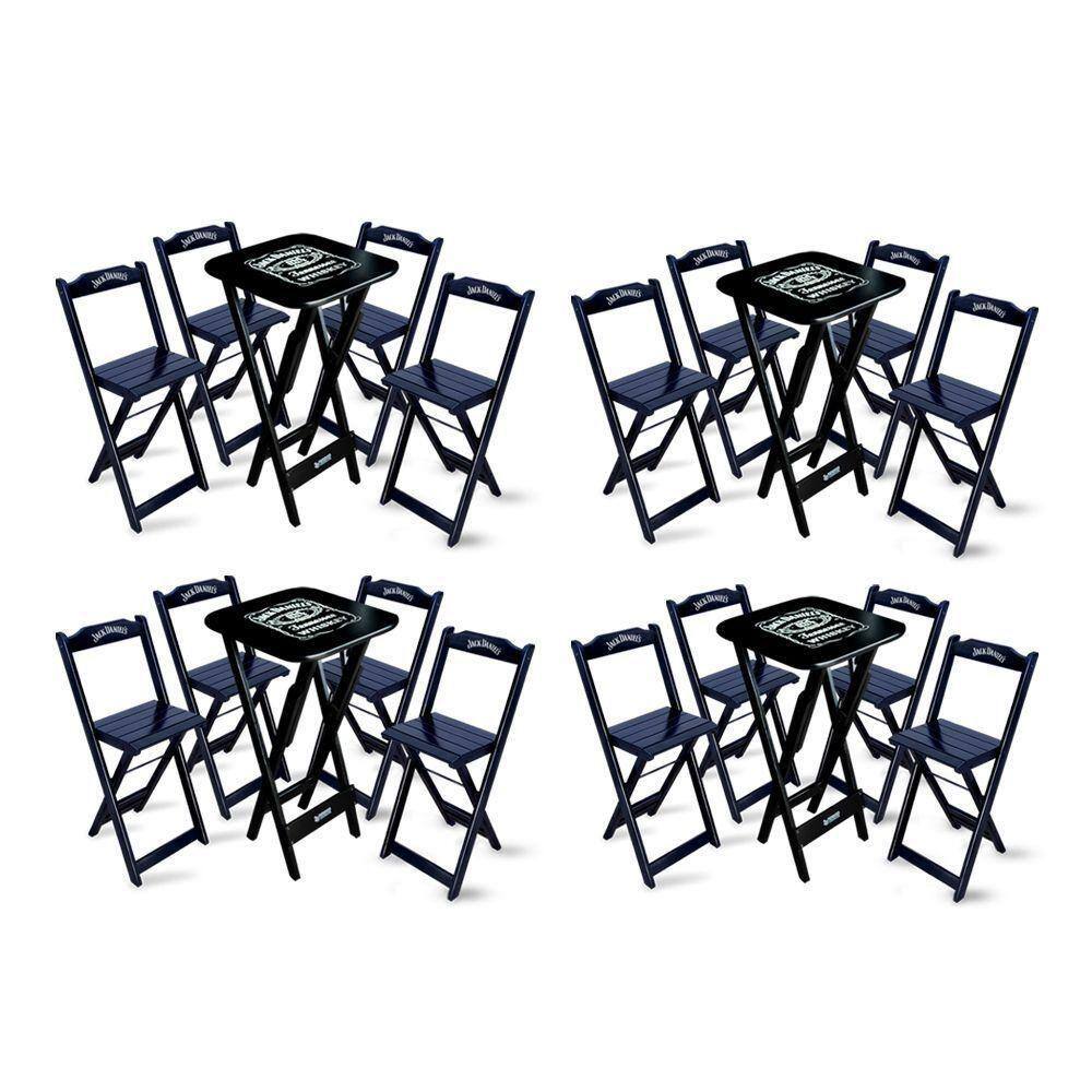 Kit 4 Conjuntos De Mesa Bistrô Dobrável Jack Daniel`s Com 4 Banquetas De Madeira Preta - Cor: Preto