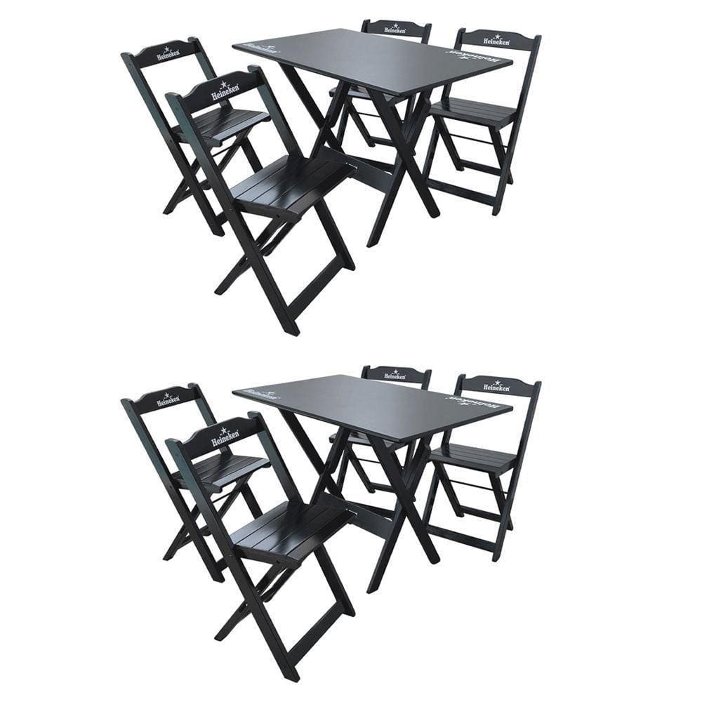Kit 2 Conjuntos Mesa Dobrável Madeira 110x70 Com 4 Cadeiras Personalizada Hei Preta - Cor: Preto