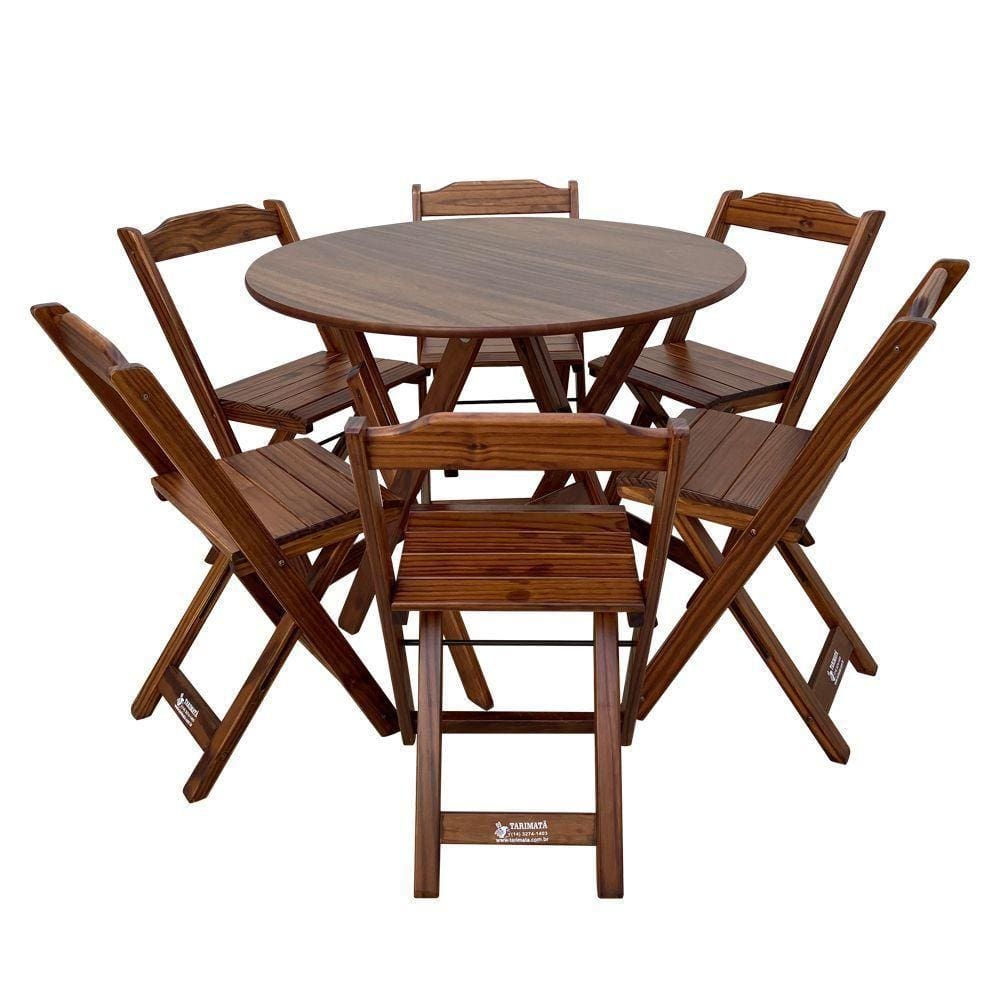 Conjunto Dobrável Mesa De Madeira 90cm Redonda Com 6 Cadeiras Imbuia - Cor: Marrom