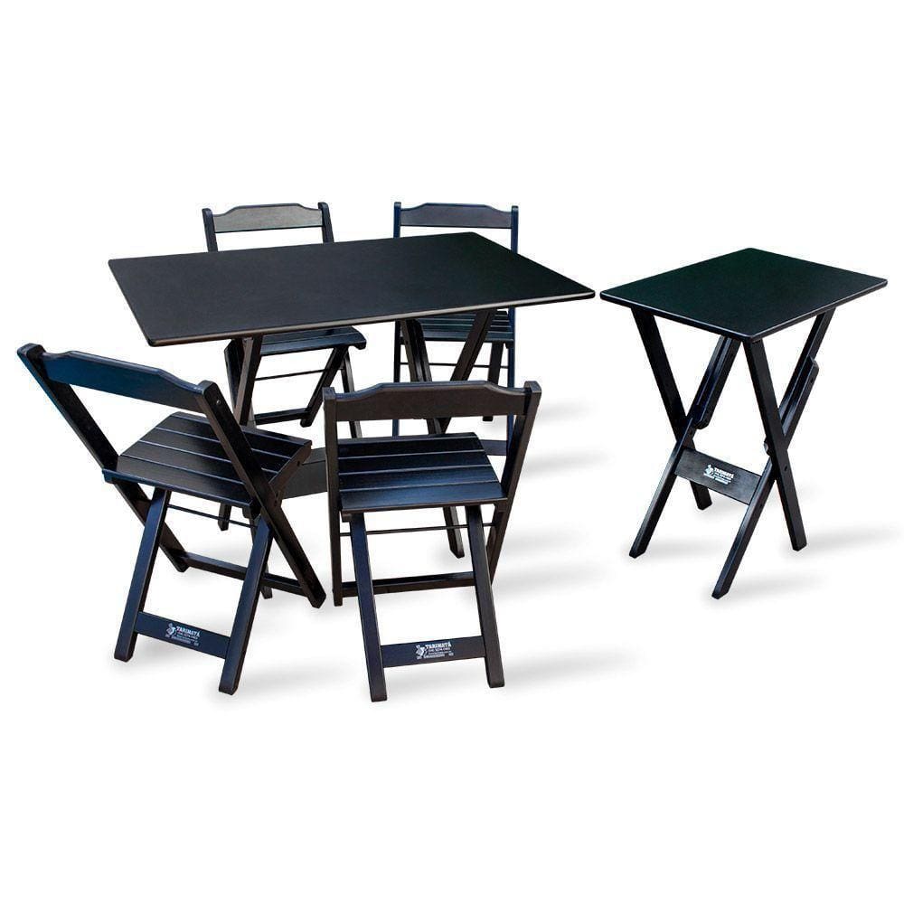 Conjunto De Mesa 1,10x70 E Mesa Aparador Dobrável Com 4 Cadeiras Tarimatã - Preto - Cor: Preto