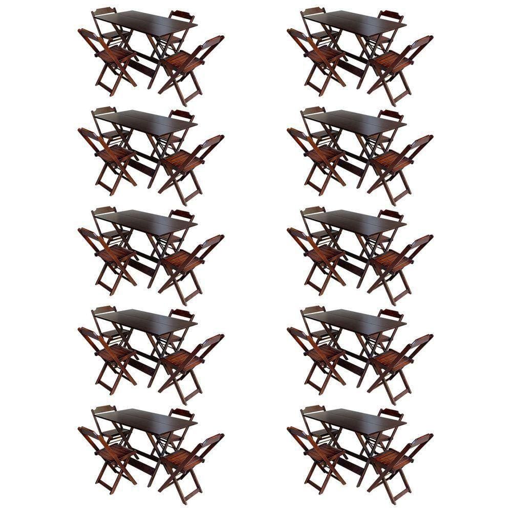 Kit 10 Conjuntos De Mesa Com 4 Cadeiras De Madeira Dobravel 120X70 Imbuia - Marrom