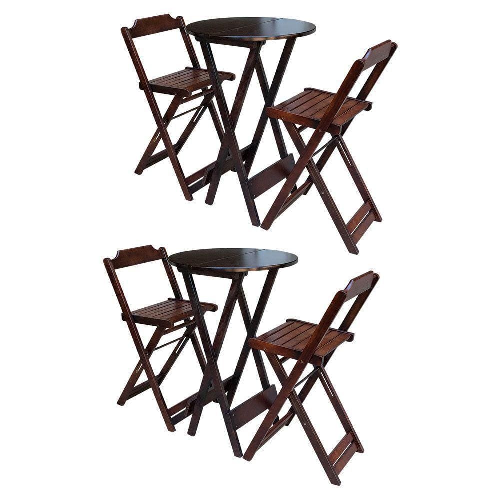 Kit 2 Jogos De Mesa Bistrô Dobrável Em Madeira Maciça Com 2 Banquetas Altas - Imbuia - Marrom