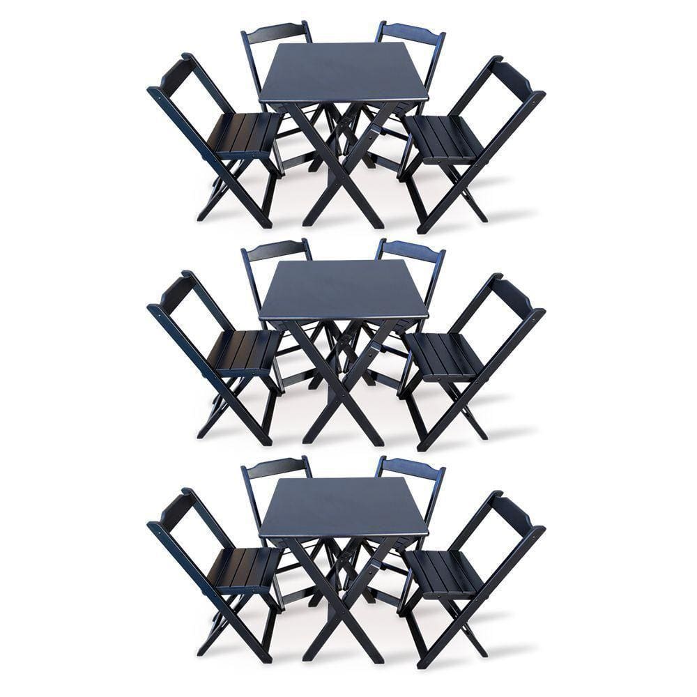 Kit 3 Conjunto Com Jogo De Mesa 70x70 Com 4 Cadeiras Dobráveis - Preto - Cor: Preto