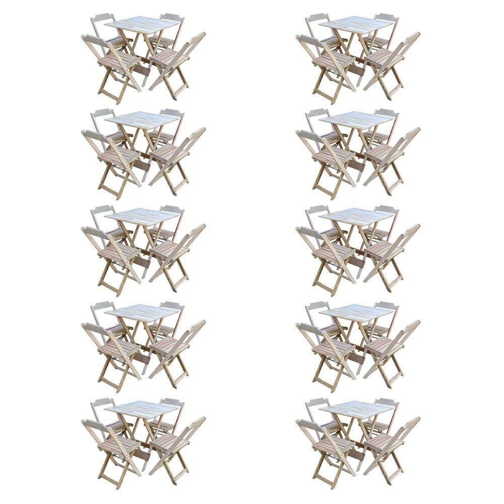 Kit 10 Conjuntos De Mesa Com 4 Cadeiras De Madeira Dobravel 70X70 Sem Pintura/Crua - Marrom