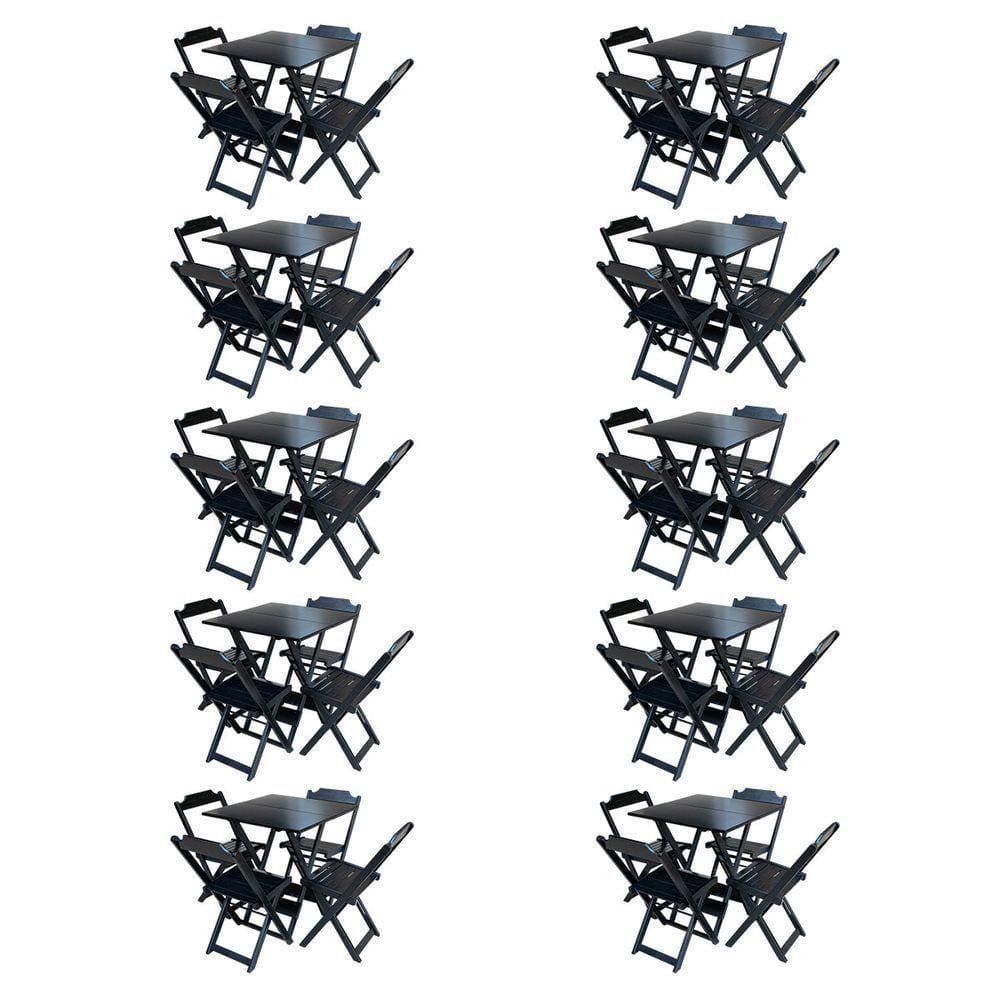 Kit 10 Jogos De Mesa Com 4 Cadeiras De Madeira Dobravel 70X70 Móveis Guara - Preto