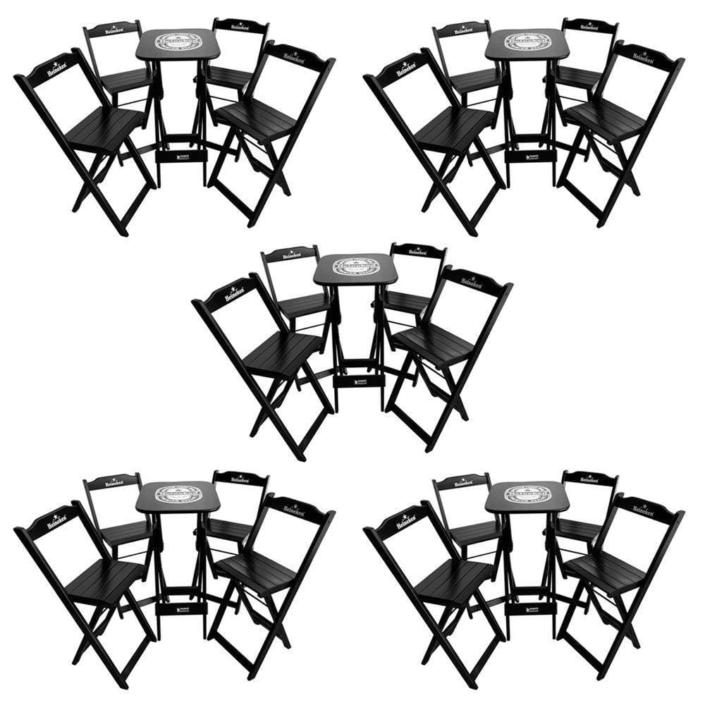 Kit 5 Conjuntos Bistrô Mesa Com 4 Banquetas Dobráveis De Madeira Personalizada Hei - Preta