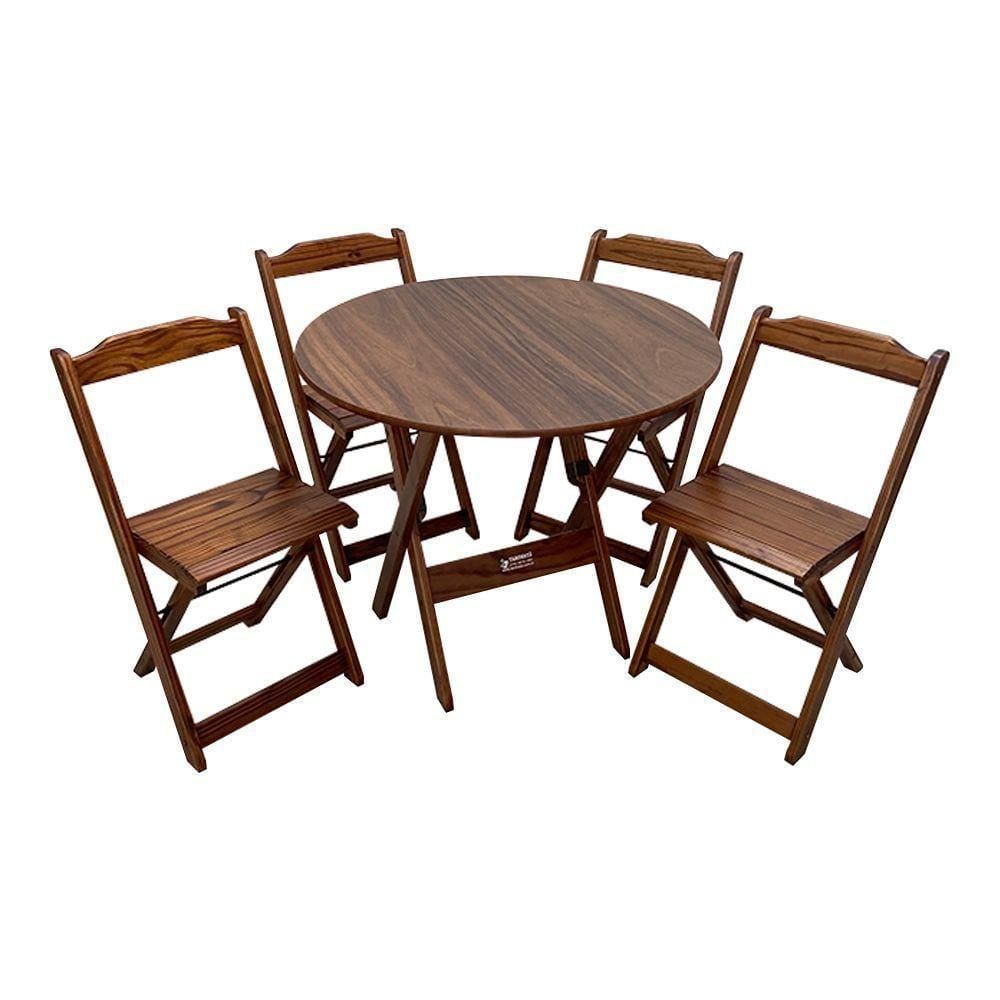Mesa Dobrável De Madeira Redonda 90cm Com 4 Cadeiras Imbuia - Cor: Marrom