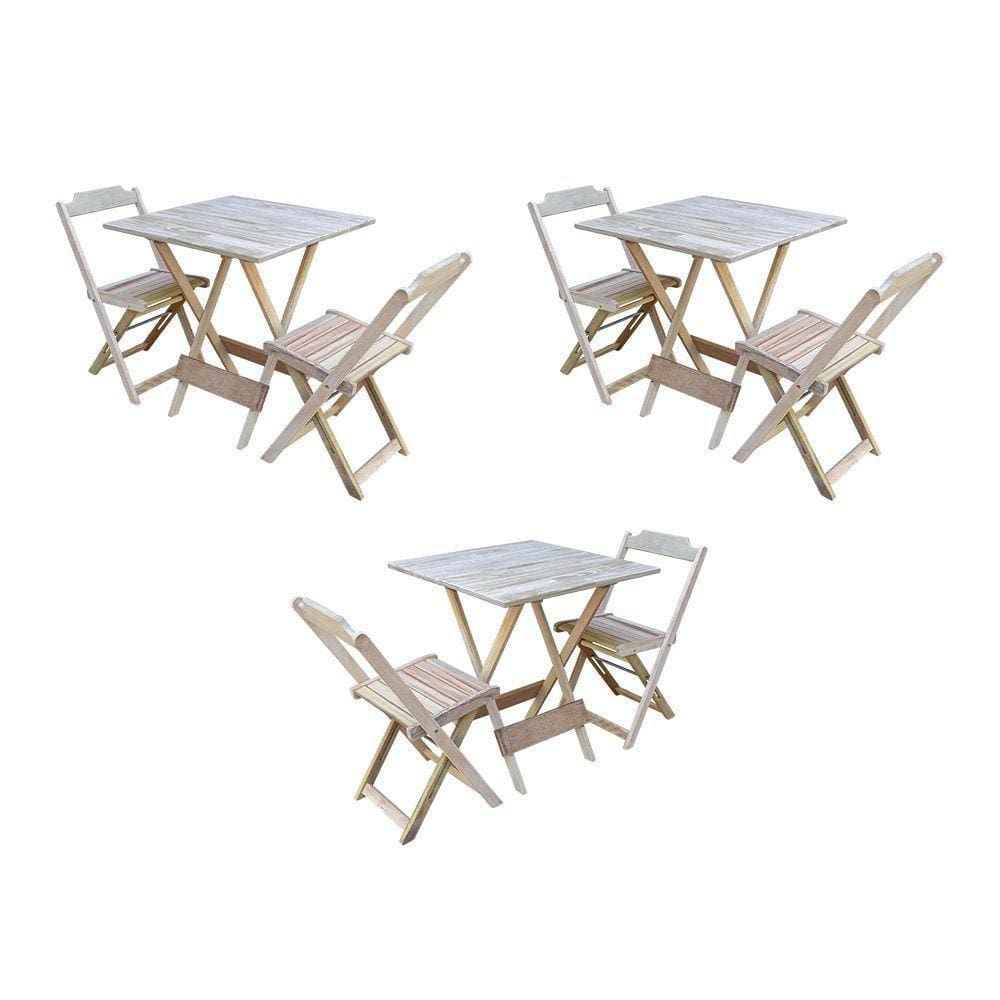 Kit 3 Conjuntos De Mesa Dobravel Com 2 Cadeiras De Madeira 70X70 Para Restaurante E Bar - Sem Pintur