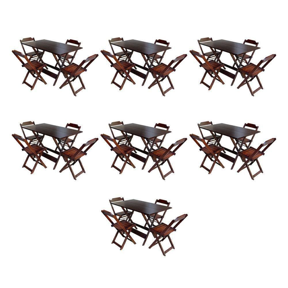 Kit 7 Jogos De Mesa Dobravel Com 4 Cadeiras De Madeira 120X70 Para Restaurante E Bar - Imbuia
