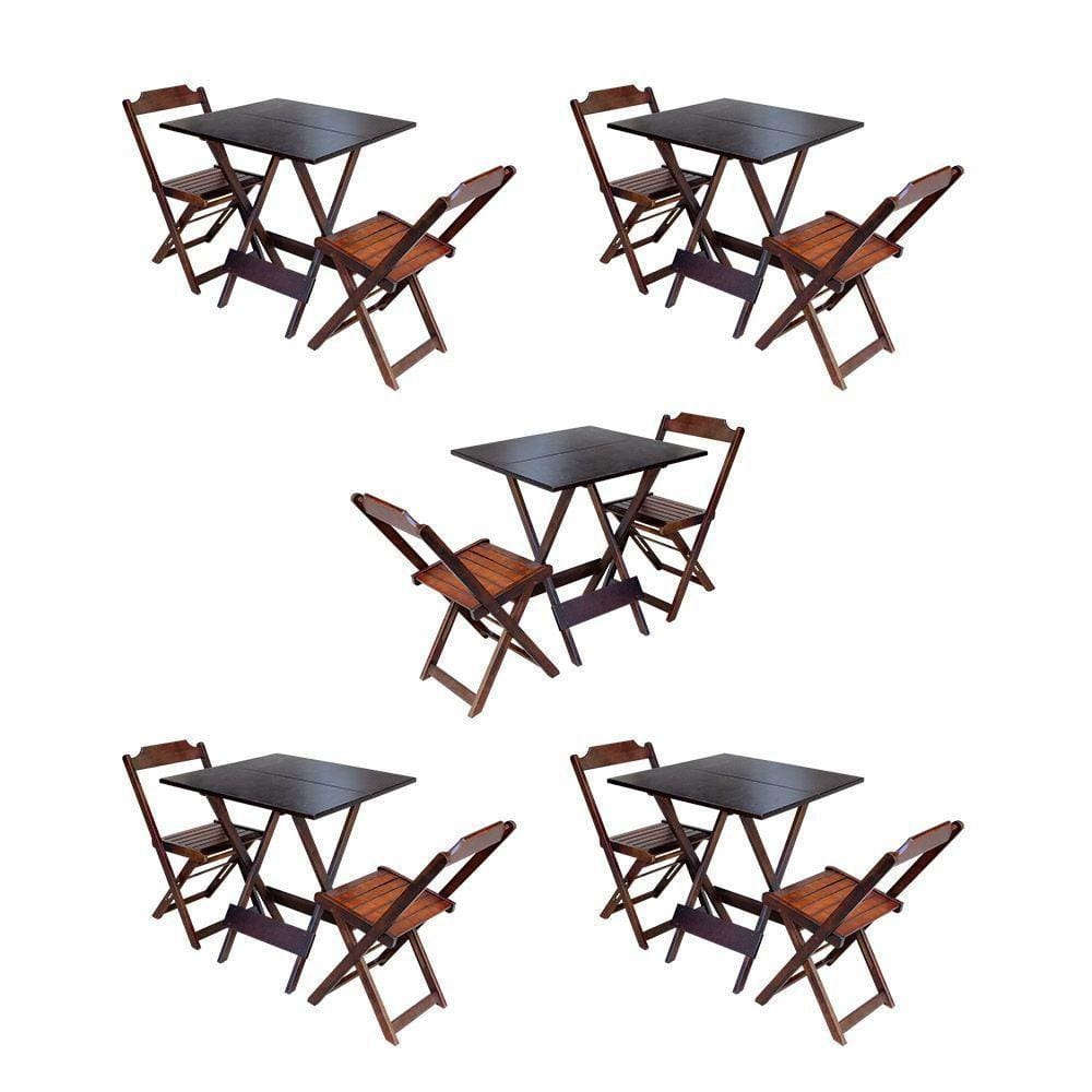 Kit 5 Jogos De Mesa Dobravel Com 2 Cadeiras De Madeira 70X70 Para Restaurante E Bar - Imbuia
