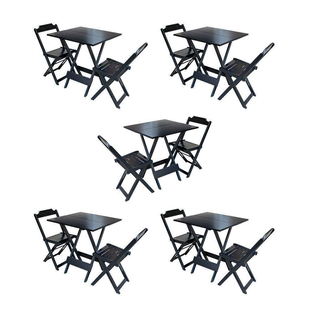 Kit 5 Jogos De Mesa Dobravel Com 2 Cadeiras De Madeira 70X70 Para Restaurante E Bar - Preto