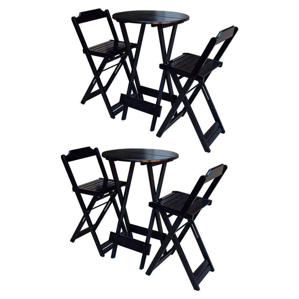 Kit 2 Jogos De Mesa Bistrô Dobrável Em Madeira Maciça Com 2 Banquetas Altas - Preto - Preto