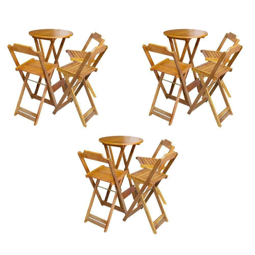 Kit 3 Jogos De Mesa Bistrô De Madeira Dobrável Com 3 Banquetas - Mel