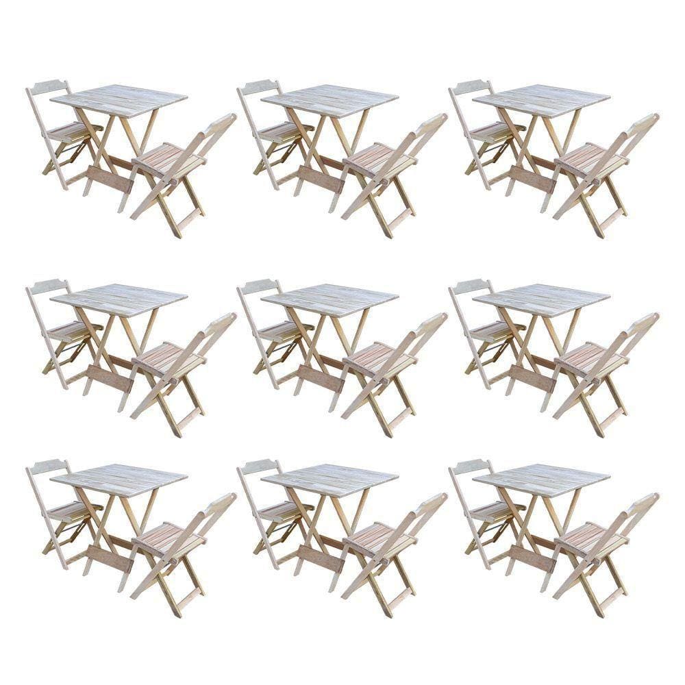 Kit 9 Jogos De Mesa Dobravel Com 2 Cadeiras De Madeira 70X70 Para Restaurante E Bar - Sem Pintura