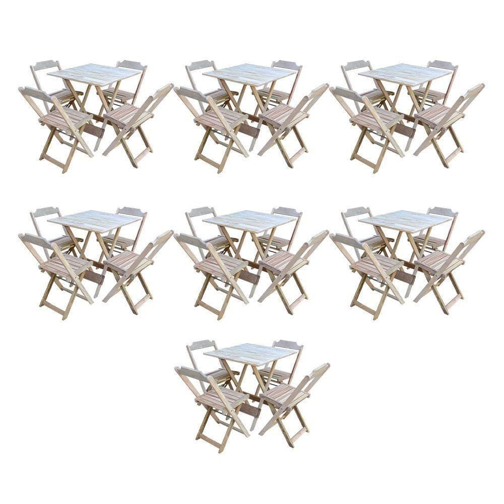 Kit 7 Conjuntos De Mesa Dobravel Com 4 Cadeiras De Madeira 70X70 Para Restaurante E Bar - Sem Pintur