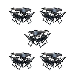 Kit 5 Jogos De Mesa Dobravel Com 6 Cadeiras De Madeira 120X70 Para Restaurante E Bar - Preto