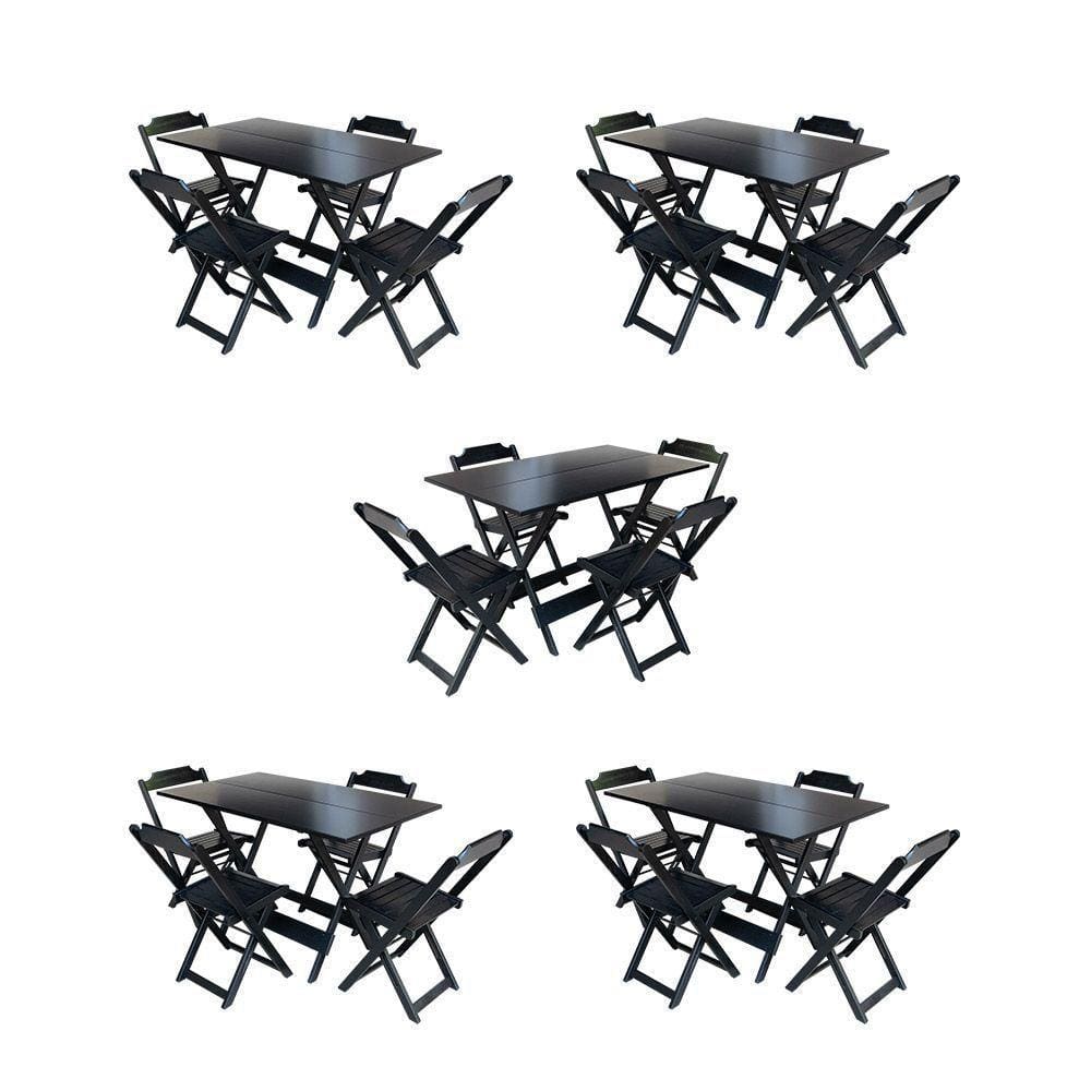 Kit 5 Conjuntos De Mesa Dobravel Com 4 Cadeiras De Madeira 120X70 Para Restaurante E Bar - Preto