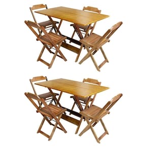 Kit 2 Jogos De Mesa Retangular Dobrável 120X70 Em Madeira Maciça Com 4 Cadeiras - Mel - Marrom