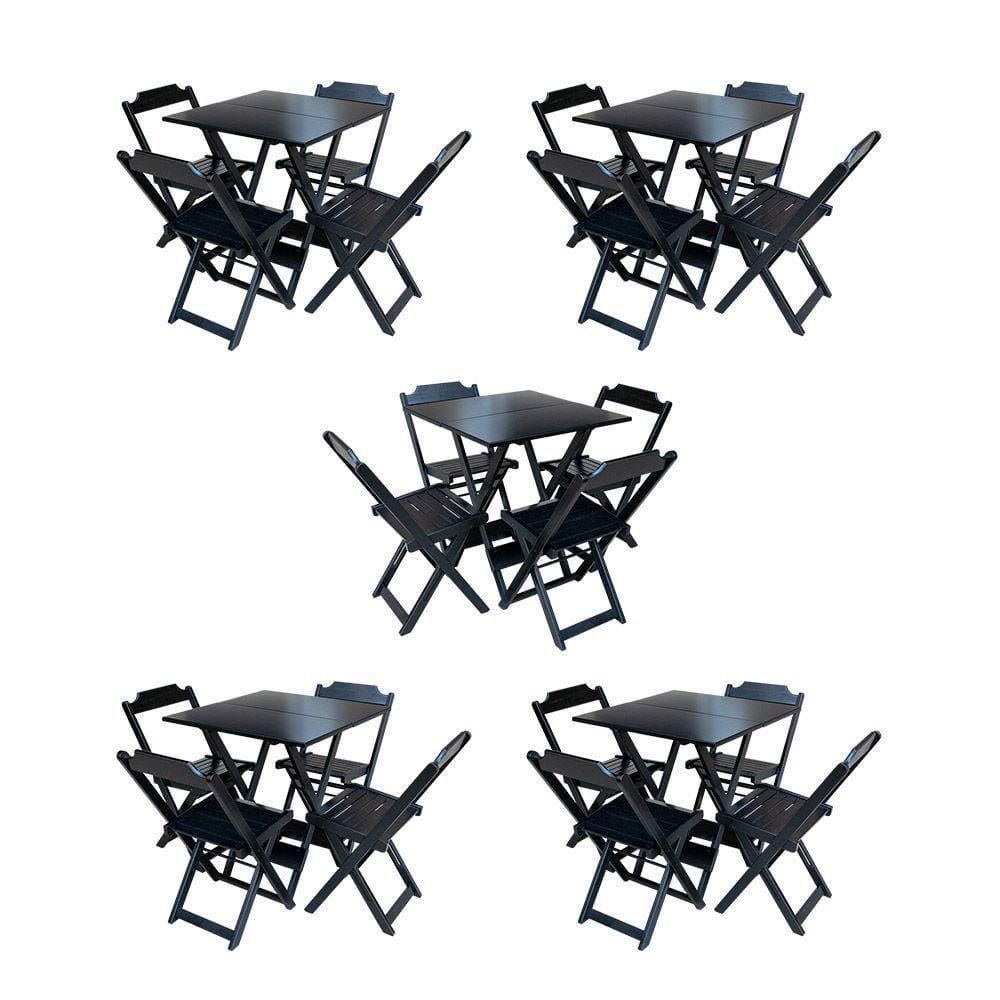 Kit 5 Conjuntos De Mesa Dobravel Com 4 Cadeiras De Madeira 70X70 Para Restaurante E Bar - Preto
