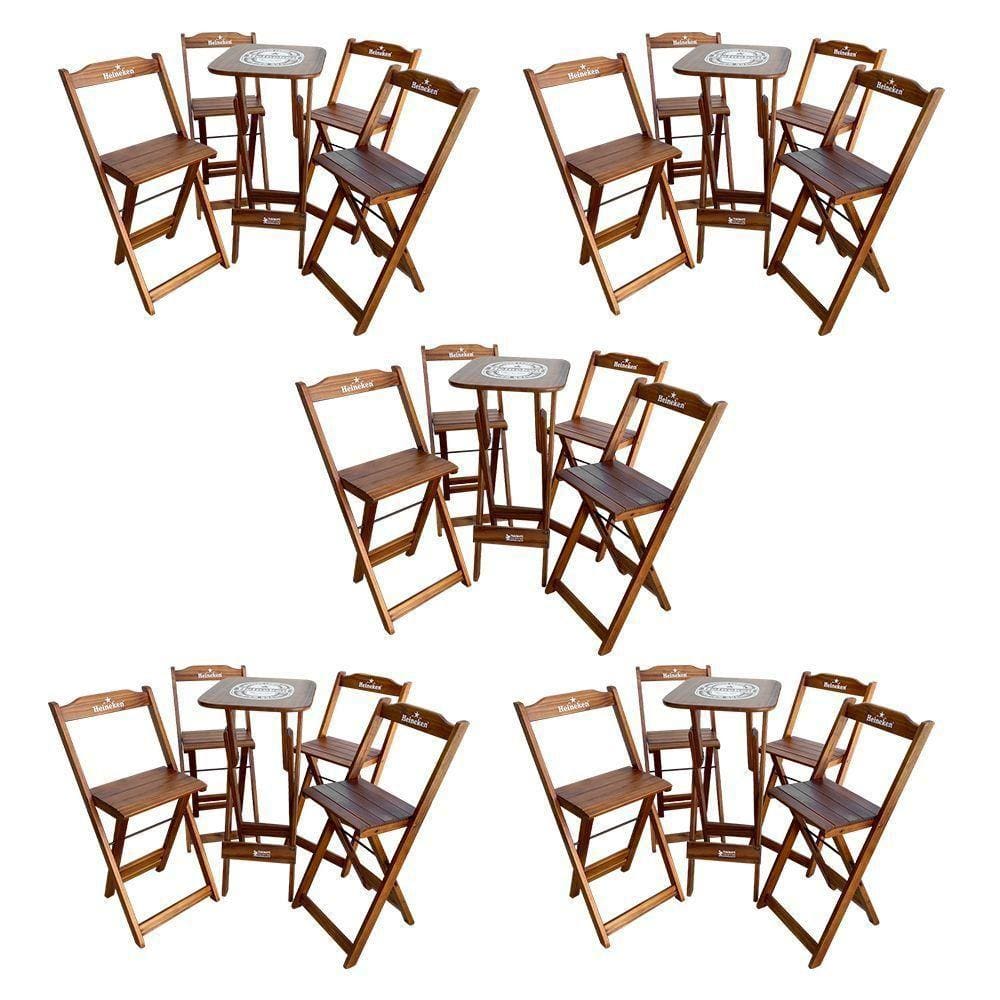 Kit 5 Conjuntos Bistrô Mesa Com 4 Banquetas Dobráveis De Madeira Personalizada Hei - Imbuia Marrom