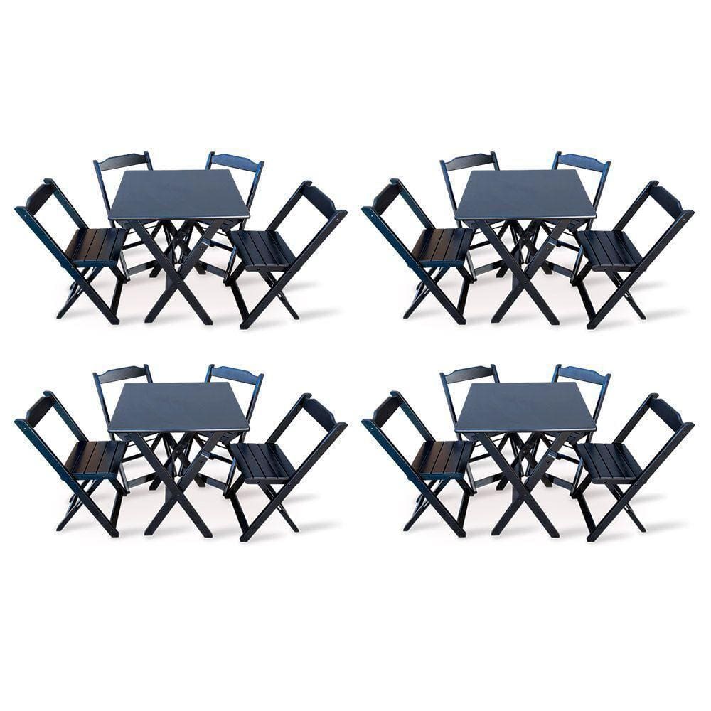 Kit 4 Conjunto Com Jogo De Mesa 70x70 Com 4 Cadeiras Dobráveis - Preto - Cor: Preto