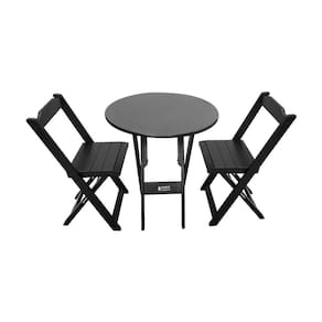 Mesa Dobrável De Madeira Redonda 70cm Com 2 Cadeiras Preta - Cor: Preto