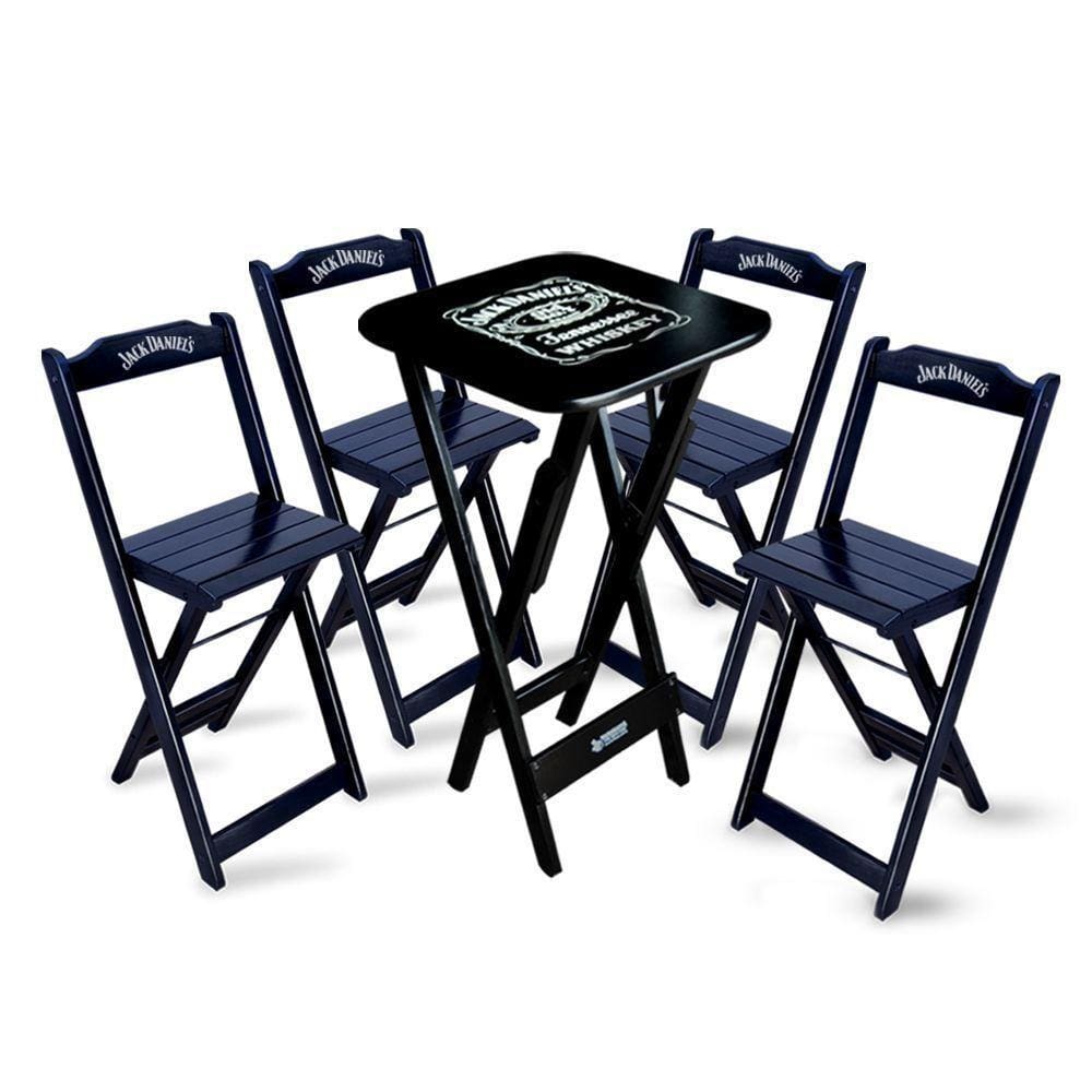 Mesa Bistrô Dobrável Jack Daniel`s Com 4 Banquetas De Madeira Para Bares E Restaurantes Preta