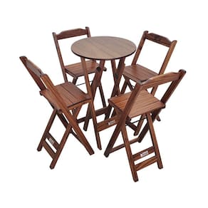 Conjunto Bistrô Mesa Dobrável De Madeira Redonda Com 4 Banquetas Imbuia - Cor: Marrom