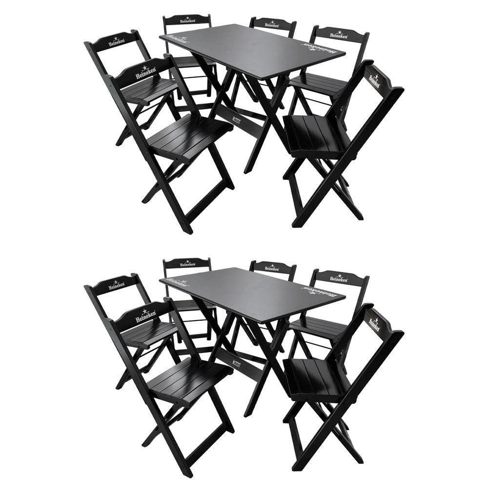 Kit 2 Conjuntos Mesa Dobrável Madeira 110x70 Com 6 Cadeiras Personalizada Hei Preta - Cor: Preto