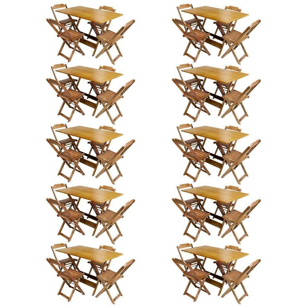 Kit 10 Conjuntos De Mesa Com 4 Cadeiras De Madeira Dobravel 120X70 Mel - Amarelo