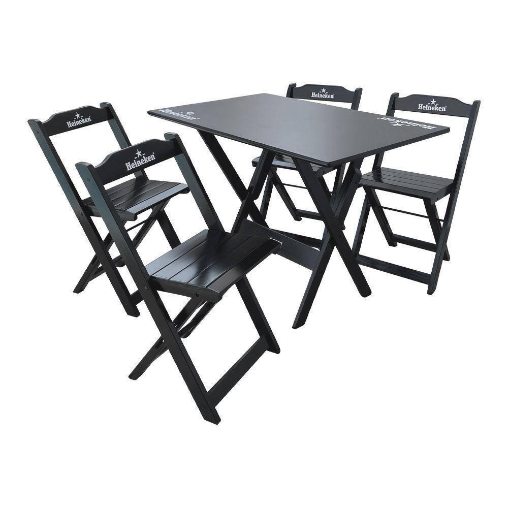 Conjunto Mesa Dobrável Madeira 110x70 Com 4 Cadeiras Personalizada Hei Preta - Cor: Preto