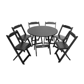 Conjunto Dobrável Mesa De Madeira 90cm Redonda Com 6 Cadeiras Preta - Cor: Preto