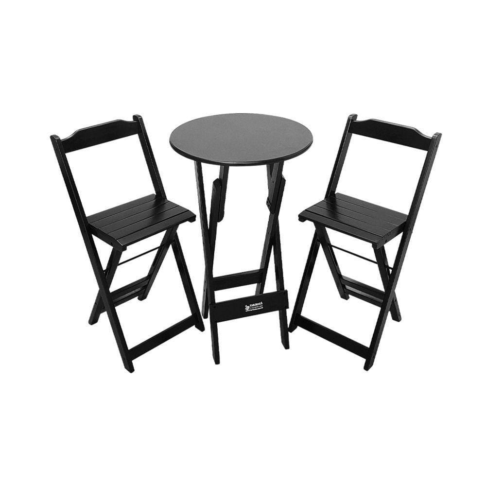 Mesa Bistrô Dobrável De Madeira Redonda Com 2 Banquetas Preta - Cor: Preto