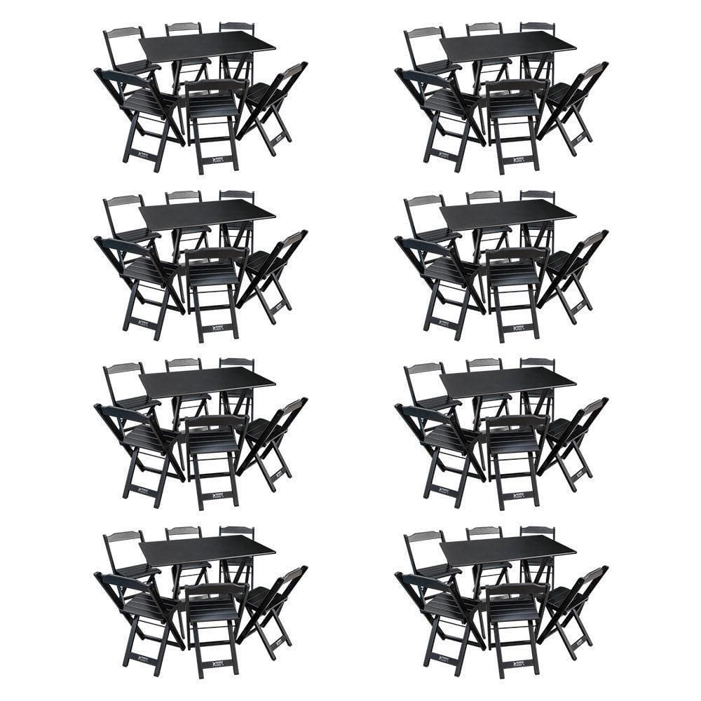 Kit 8 Conjuntos De Mesa Dobráveis De Madeira 70x110cm Com 6 Cadeiras Preta - Cor: Preto