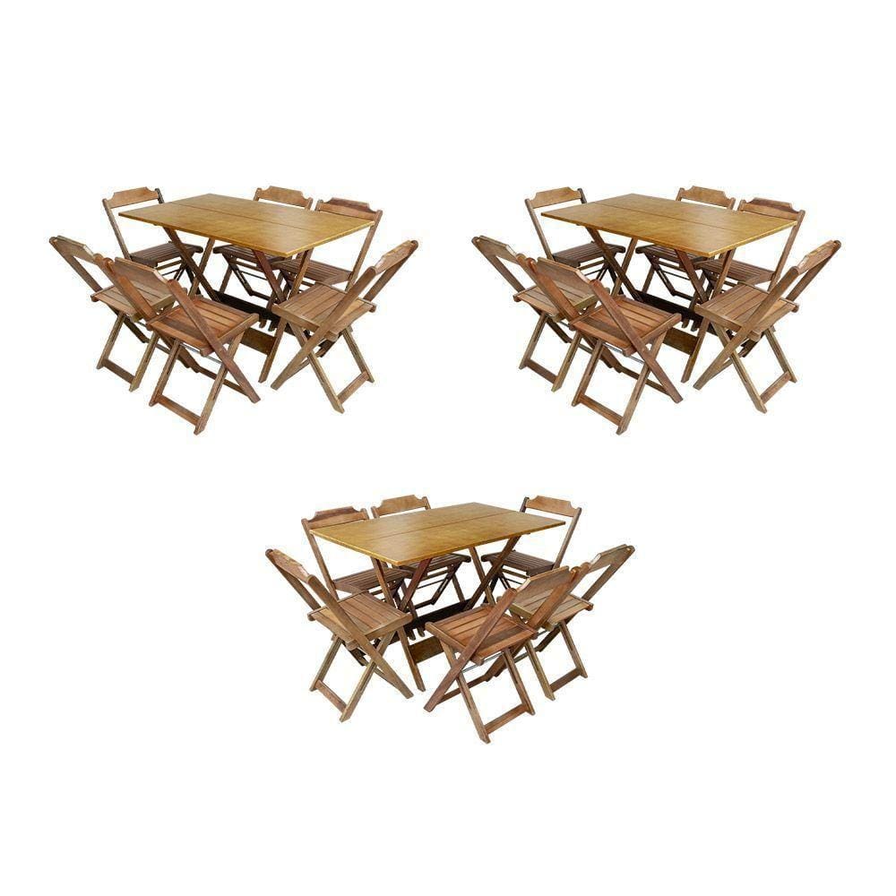 Kit 3 Conjuntos De Mesa Dobravel Com 6 Cadeiras De Madeira 120X70 Para Restaurante E Bar - Mel