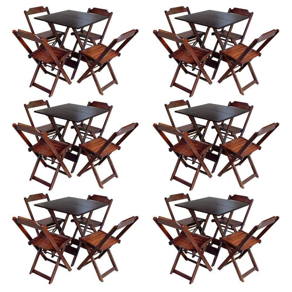 Kit 6 Conjuntos De Mesa Com 4 Cadeiras De Madeira Dobravel 70X70 Qualidade Móveis Guara - Imbuia