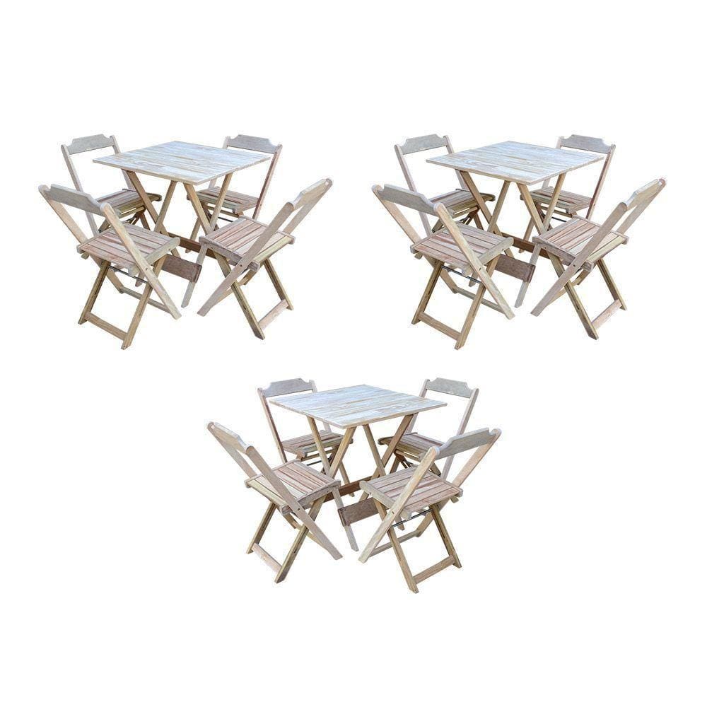 Kit 3 Jogos De Mesa Dobravel Com 4 Cadeiras De Madeira 70X70 Para Restaurante E Bar - Sem Pintura