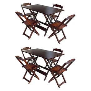 Kit 2 Jogos De Mesa Retangular Dobrável 120X70 Em Madeira Maciça Com 4 Cadeiras - Imbuia - Marrom
