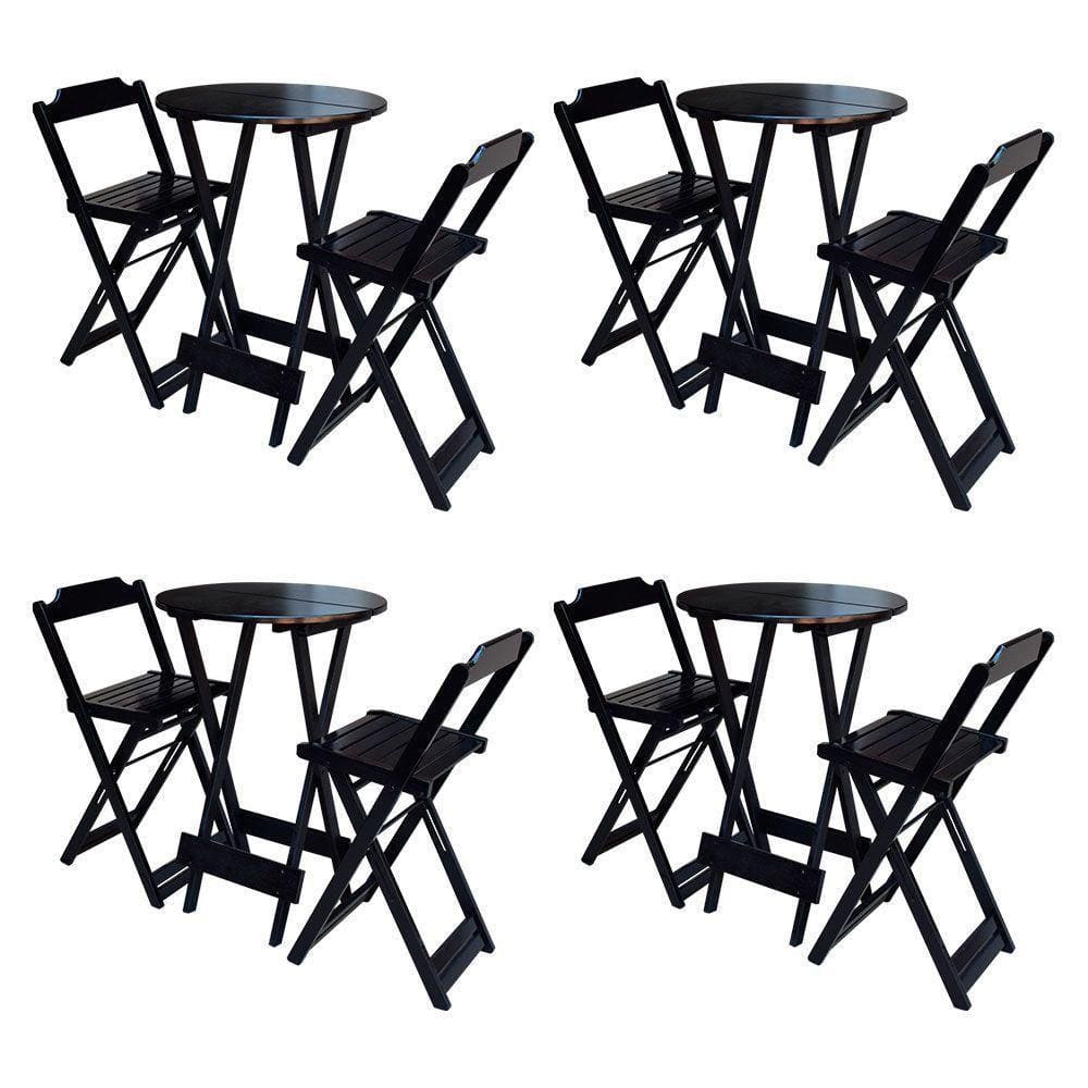 Kit 4 Conjuntos De Mesa Bistrô Dobraveis Em Madeira Padrão Com 2 Banquetas Altas - Tabaco - Marrom