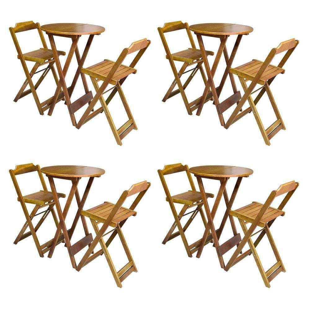 Kit 4 Conjuntos De Mesa Bistrô Dobraveis Em Madeira Padrão Com 2 Banquetas Altas - Mel - Marrom