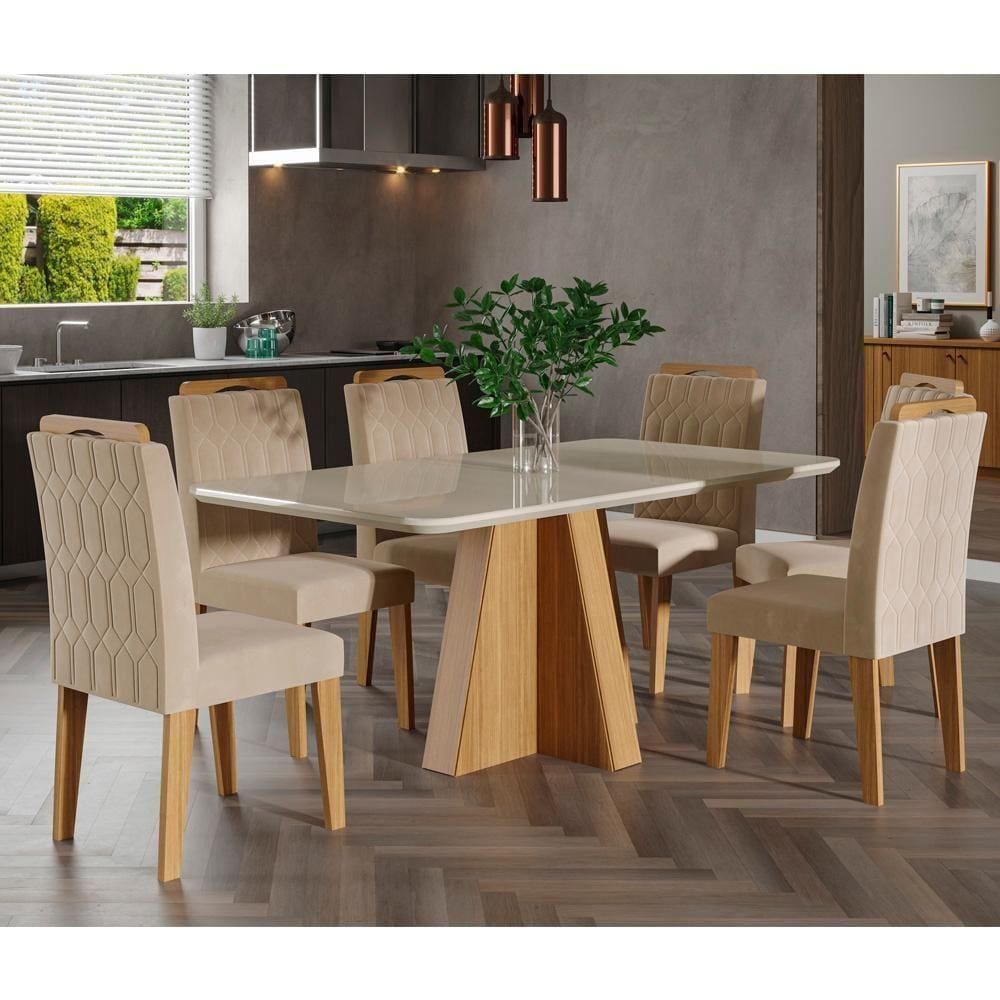 Conjunto Sala De Jantar Maitê 160X80 Tampo Em Mdf/Vidro 6 Cadeiras Paola Cimol Nature/Off White/Nude